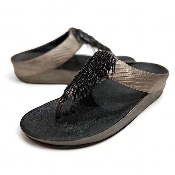 FitFlop Rumba Cha Cha Beaded Fringed Metallic Sandals Size 10 - Picture 1 of 16